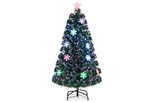 Goplus 4ft Pre-Lit Fiber Optic Christmas Tree, Artificial Xmas Full Tree with Colorful Snowflake LED Lights, 125 Branch Tips, Foldable Metal Base, for Office Home Holiday Decor