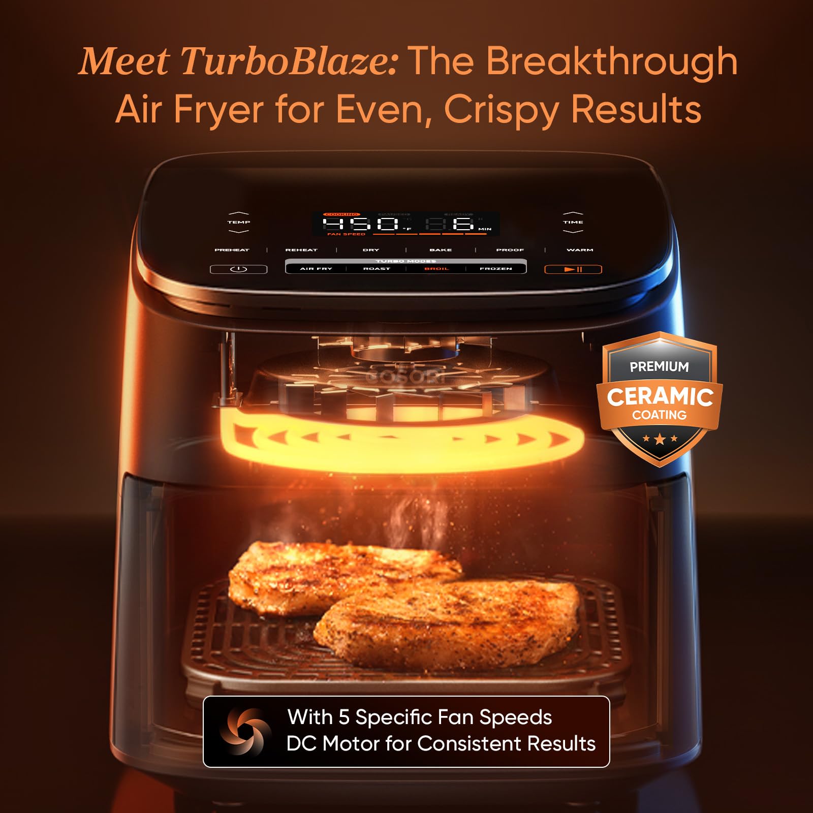 COSORI Air Fryer 9-in-1, Compact & Large 6-Qt, Premium Ceramic Coating, 90–450°F Precise Heat for Even Results, Up to 95% Less Oil*, Roast, Bake, Dry, Reheat, Frozen, Broil, Proof, 120V, TurboBlaze