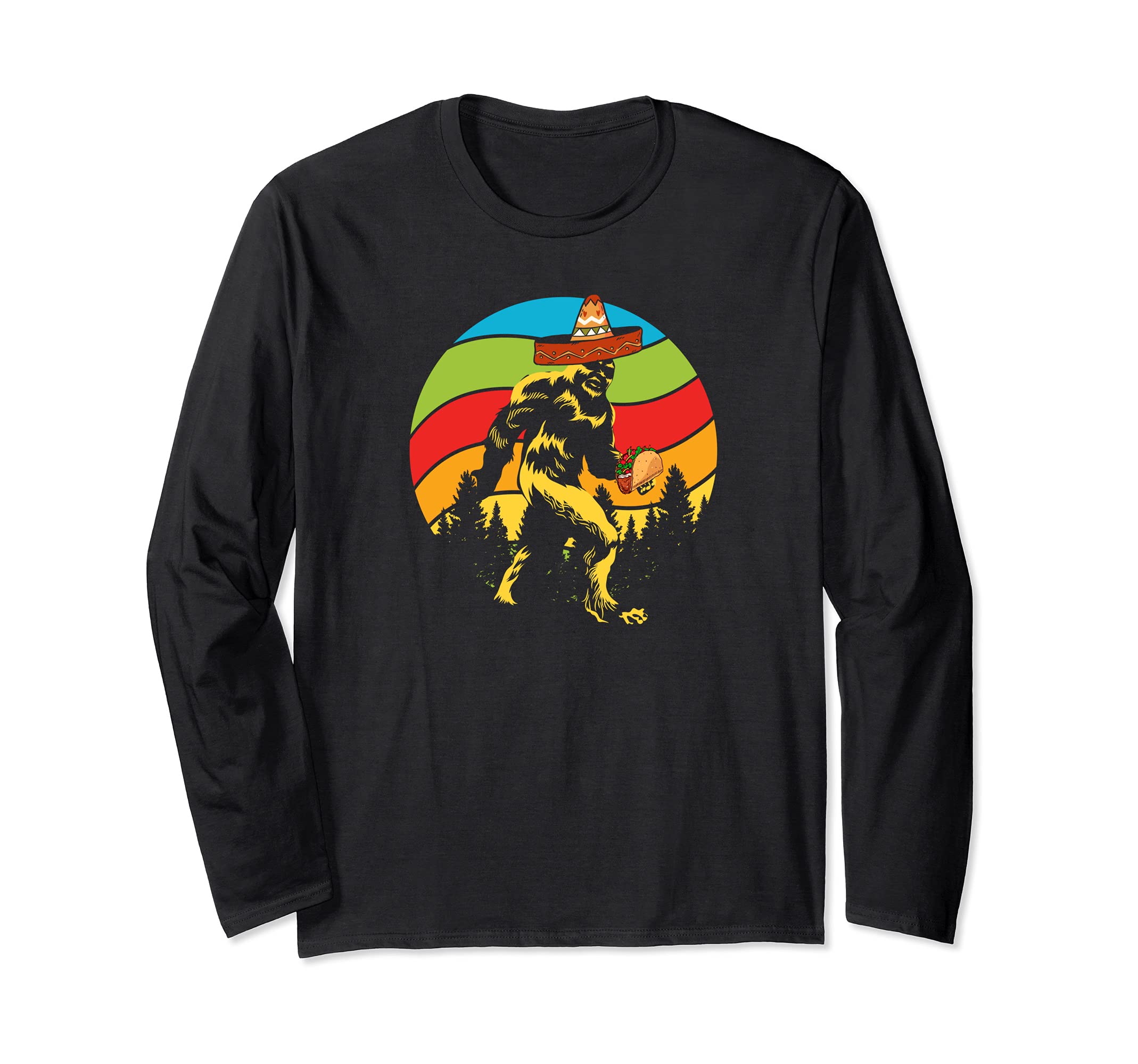 Sombrero Mexican Tacos Sasquatch Yeti Cryptid Retro Bigfoot Long Sleeve T-Shirt