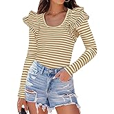 ZESICA Womens Ruffle Long Sleeve Scoop Neck Shirt Striped Slim Fitted Casual Basic Tee Tops Trendy Spring Clothes