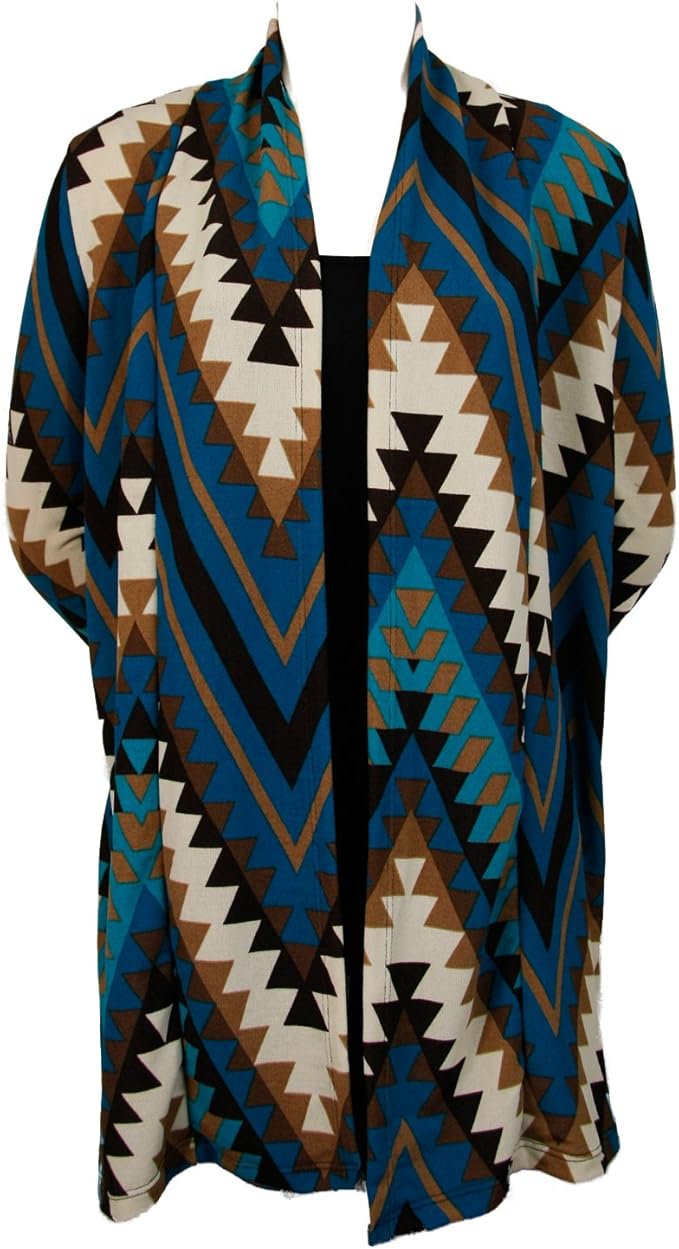 Colorful Aztec Print Long Cardigan Sweater Wrap Teal