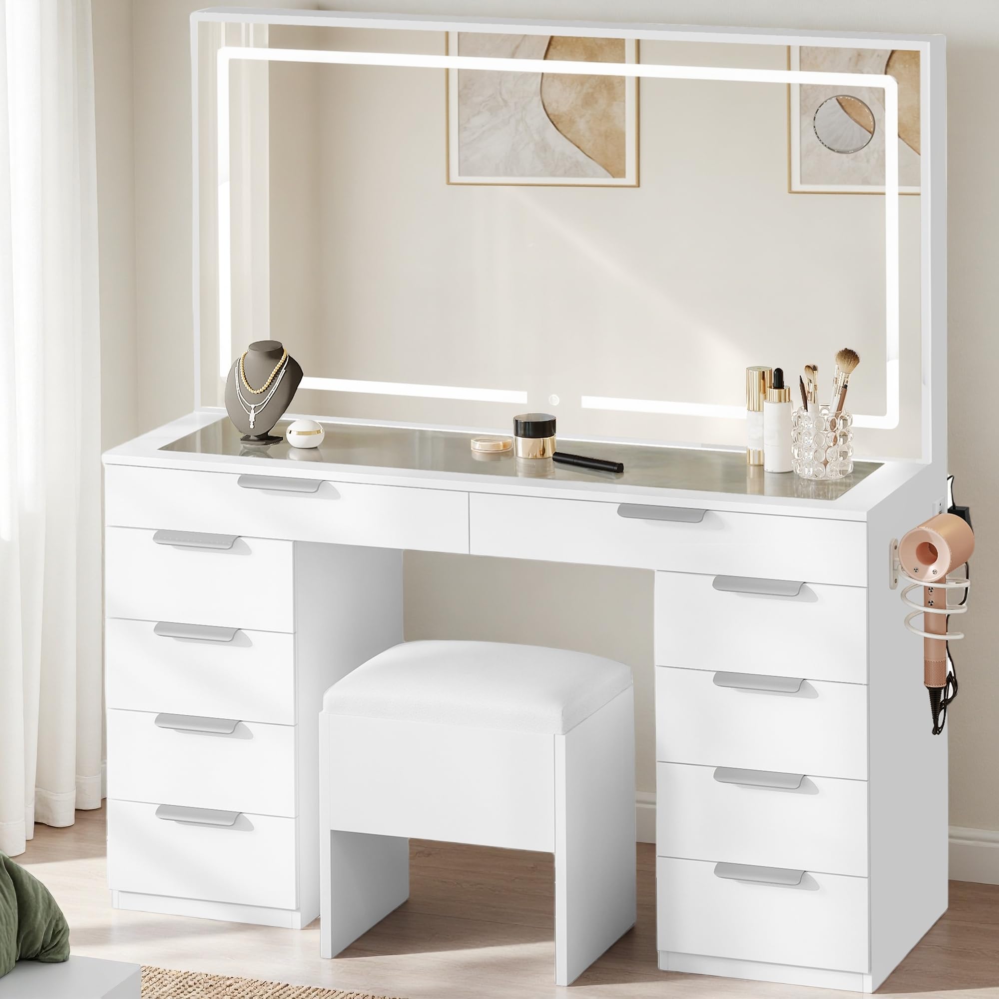 Photo 1 of ***DAMAGED - SEE NOTES/PICTURES***
YITAHOME Vanity Desk with Lighted Mirror and Power Outlets, Makeup Vanity Table with Stool with Hidden Storage, 10 Drawers, Tempered Glass Top, 3 LED Colors, Makeup Table Home Furniture