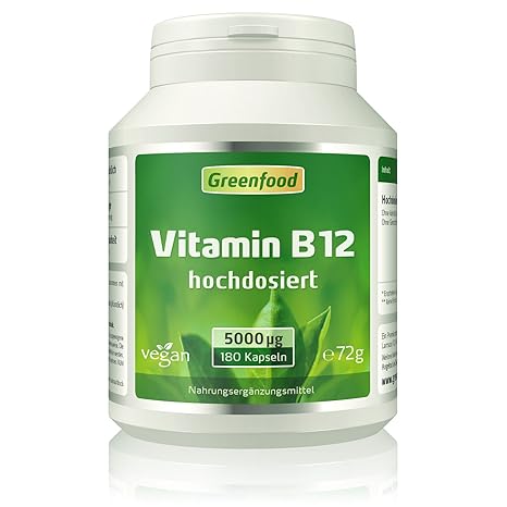 Vitamin B12 (Methylcobalamin), 5000 µg, extra hochdosiert, 180 Kapseln – für mehr Energie. Wichtig für Nervensystem und Blutb