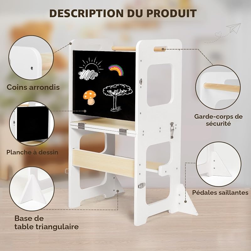 Tour d'apprentissage pour Enfants, Montessori Tour d Observation avec Planche, 3 en 1 Multifonction Pliable Learning Tower, Protection Anti-Renversement Tour d'apprentissage à partir de 1 an