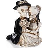 LemonRoad Day-of-the-Dead Couple Skeleton Figurines, Seated | Halloween Wedding Cake Topper, Skeleton Bride and Groom Figurine, Dia De Los Muertos Decorations, Gothic Resin Statues