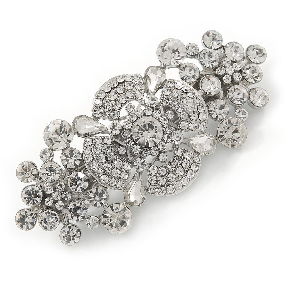 Medium Rhodium Plated Clear Crystal Floral Barrette Hair Clip Grip - 65mm Across