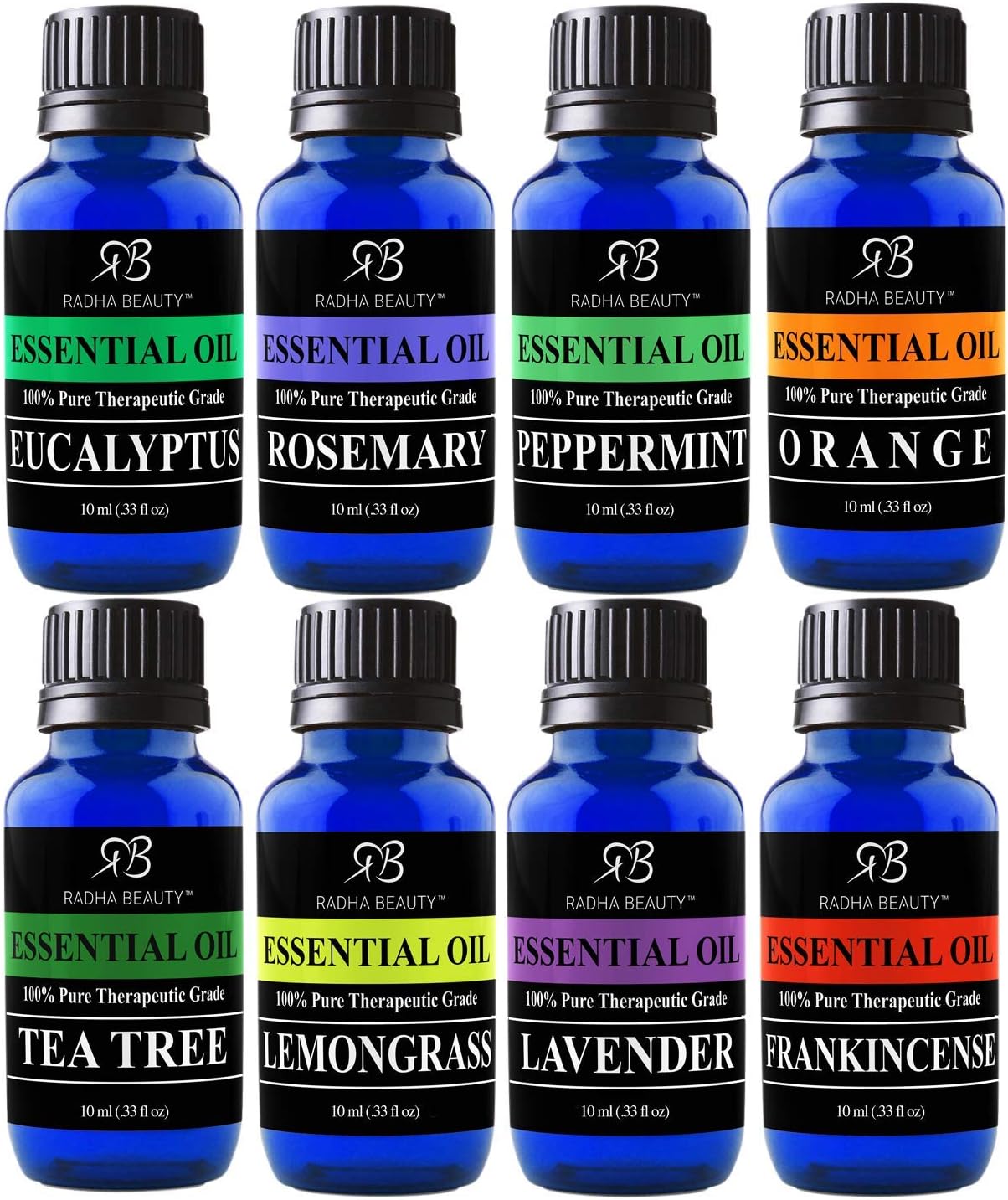 Radha Beauty Aromatherapy Top 8 Essential Oils 100% Pure & Therapeutic Grade - Basic Sampler Gift Set & Kit (Lavender, Tea Tree, Eucalyptus, Lemongrass, Orange, Peppermint, Frankincense and Rosemary): Health & Personal Care