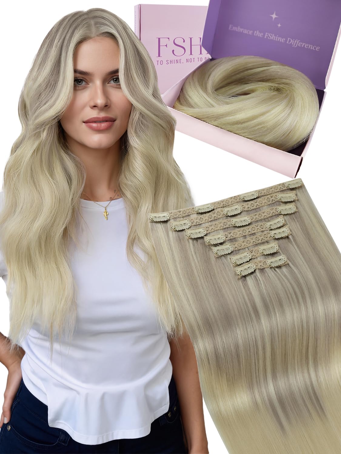 Fshine Clipin Hair Extensions Balayage Ash to Bleach Blonde with Platinum Blonde Clipins Straight Hair 14 Inch 7 Pcs — image 1