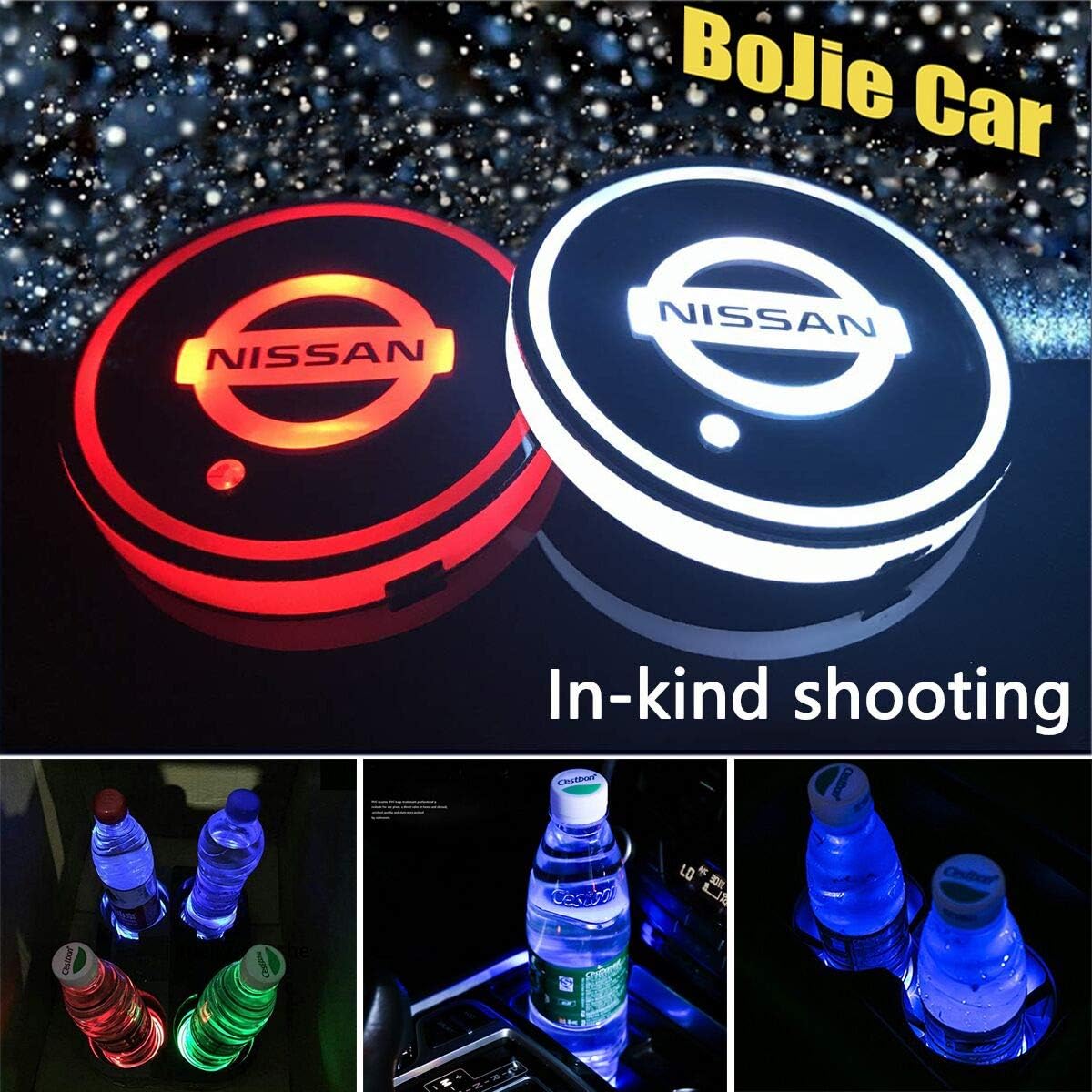 2pcs LED Car Logo Cup Holder Lights for Nissan, 7 Colors Changing USB Charging Mat Luminescent Cup Pad, LED Interior Atmosphere Lamp Decoration Light. (Nissan)