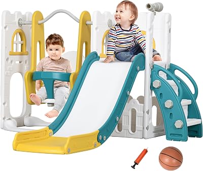 AIYAPLAY 6-in-1 Toddler Swing Slide Set Climber Baby Playground Basketball