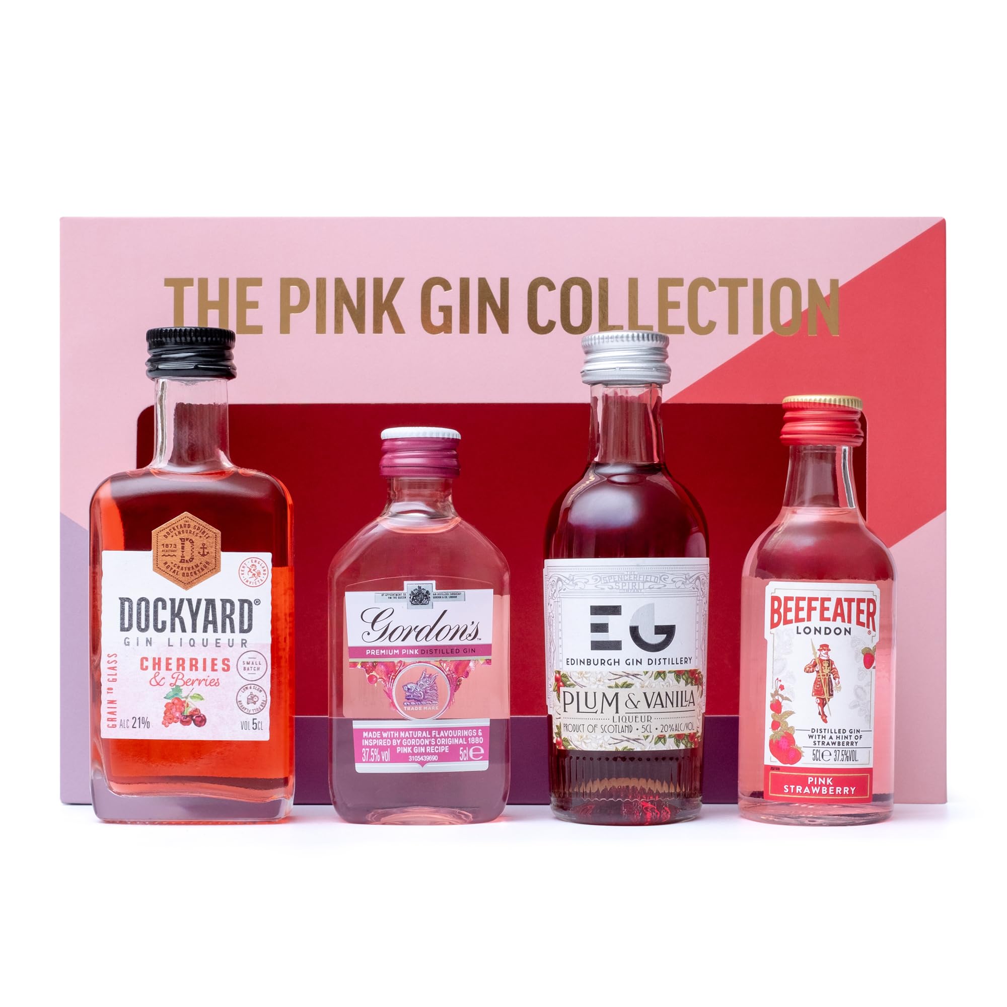 Pink Gin Gift Set - Gin Gifts for Women, 4x5cl Beefeater Pink Strawberry, Gordons, Edinburgh Plum & Vanilla, Dockyard Cherries & Berries Flavoured Liqueur, Womens Alcohol Gifts, Birthday