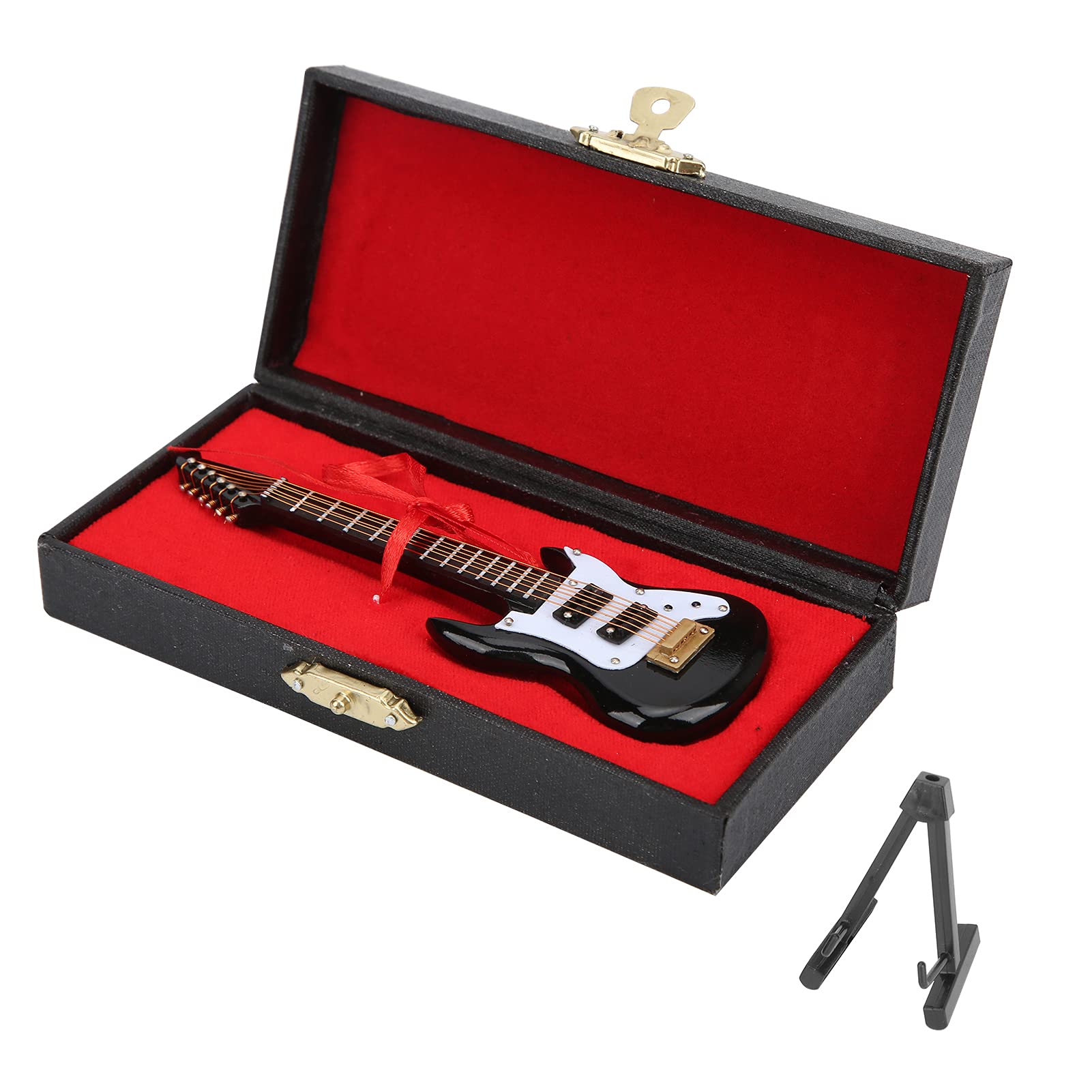 Tomotato Miniature Guitar Replica, Wooden Mini Electric Guitar Model with Stand, 12x4x1.5cm, Wood and Plastic for Home Office Cafe Decoration