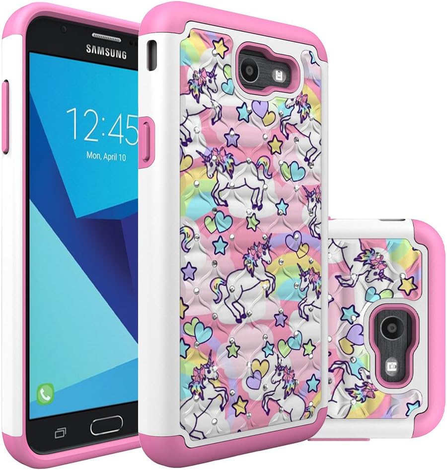 Galaxy J7 V Case, Galaxy J7 Perx Case, Galaxy J7 Sky Pro Case, Heavy Duty Shockproof Studded Rhinestone Bling Hybrid Case Silicone Protective Armor for Samsung Galaxy J7 2017 (Rainbow Unicorn)