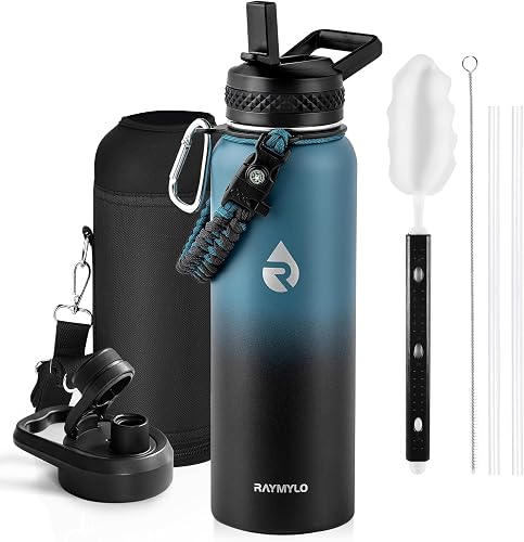 RAYMYLO Insulated Water Bottle 40 oz, Triple Wall Vacuum Stainless Steel (Cold for 48 Hrs), Leak Proof & Non-BPA, Modern Water Flask Jug with Paracord Handle & Straw Spout Lids, Indigo/Black