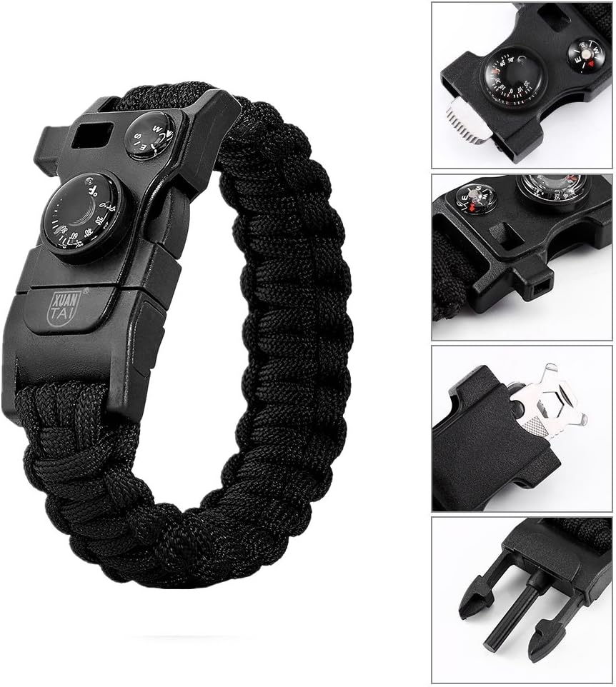 XUANTAI Paracord Survival Bracelet Bracelets for Emergency with Compass Thermometer,Whistle,Parachute Rope,Dragsaw,Fire Starter Kit for Hiking Travelling Camping Hiking Hunting