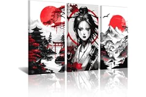 CXHOSTENT 3Pcs Japanese Wall Art Japan Samurai Painting Canvas Print Warrior Figure Pictures Bushido Posters Red and Black Ja
