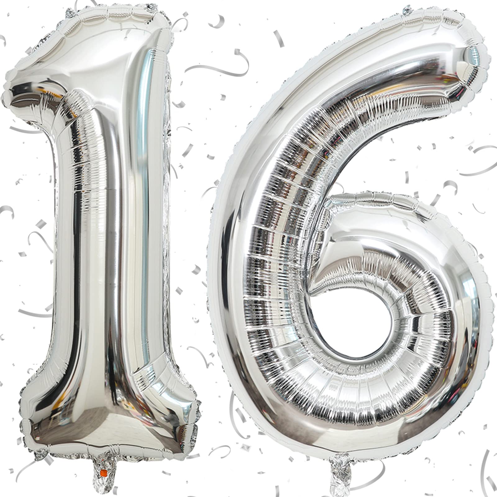 40 Inch Silver Large Numbers Balloons - 16, Foil Mylar Big Number Balloons for Birthday Party Anniversary Supplies Decorations