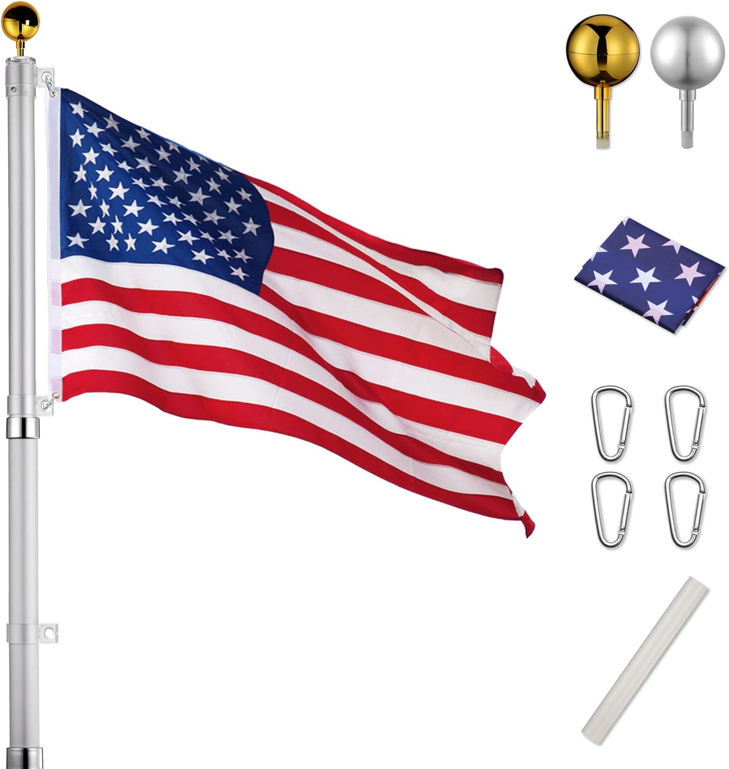 Flagpole Hardware - Yescom 25ft Telescopic Aluminum Flag Pole 16 Gauge Fly 2 Flags 3'x5' US Flag Ball Top Kit Telescoping Flagpole Yard Outdoor Garden