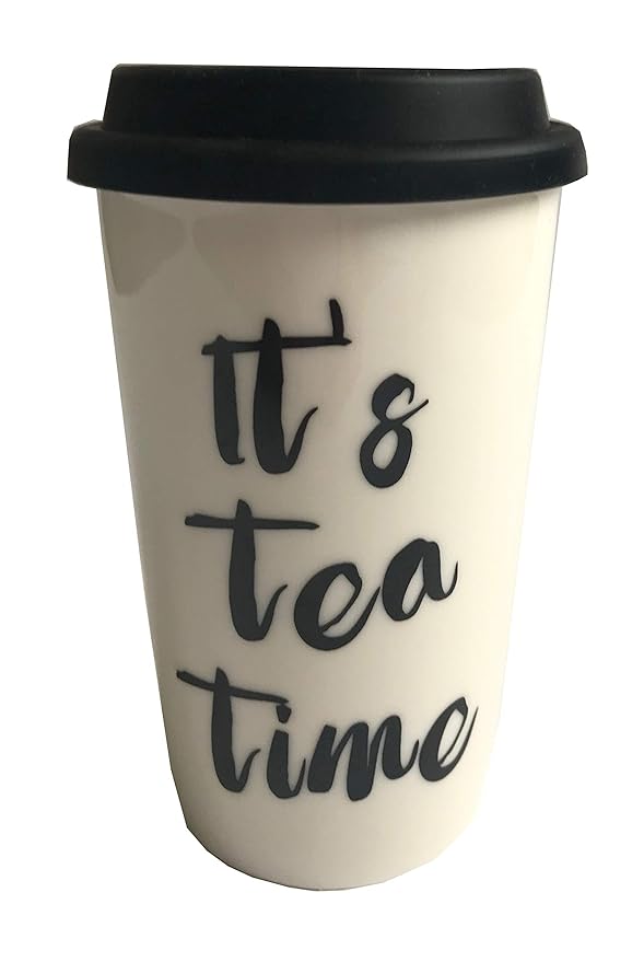 Tasse Becher to go ' Its Tea Time ' weiß mit schwarzem Silikon Deckel 350 ml Porzellan