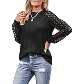 CUPSHE Blouse for Women Long Sleeve Lace Crewneck Shirts Fall Cute Solid Color Business Tunic Clothes