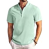 COOFANDY Men Casual Henley Tee Shirt Short Sleeve Band Collar Summer Beach Textured T-Shirt