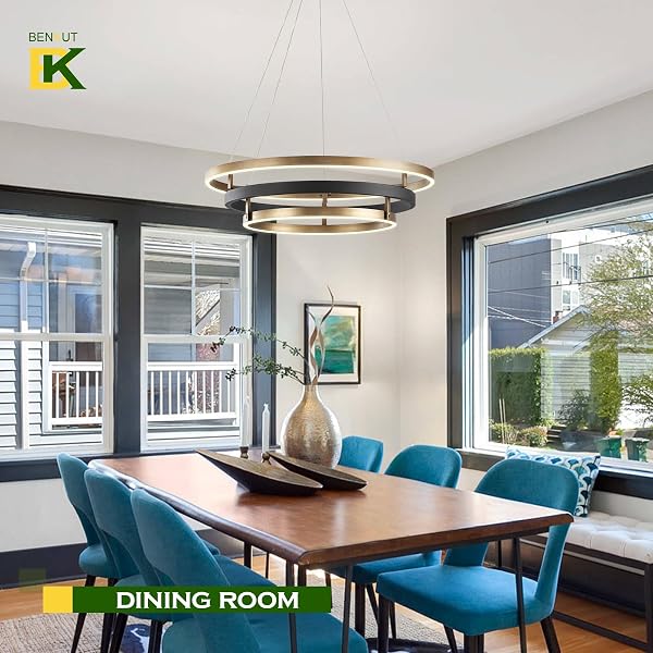 BENKUT MODERN LED CHANDELIER BLACK GOLD DIMMABLE 3 RING PENDANT LIGHT FOR DINING ROOM, KITCHEN CHANDELIER CIRCULAR WITH REMOTE CONTROL FLUSH MOUNT HIGH CEILING LIGHT FOR LIVING ROOM, 3000K-6500K