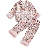 Multitrust Baby Girl Easter Day Silk Pajamas Set Bunny Carrot Button Down Feather Trim Sleeve Shirts Pants 2PCS Satin Pj Sets