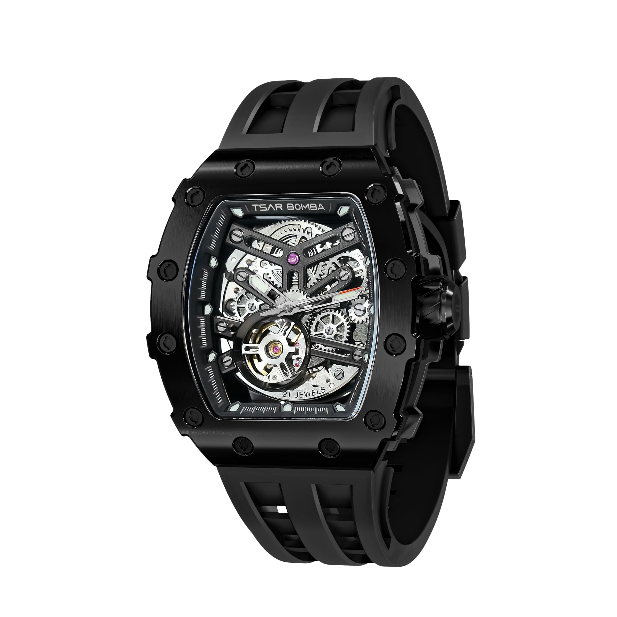 TSAR BOMBA Watch for Men, 50M Waterproof Automatic Mens Watch, Skeleton Mechanical Tonneau Big Face Dial Black Watch with Silicone Watch Bands, Gifts for Men