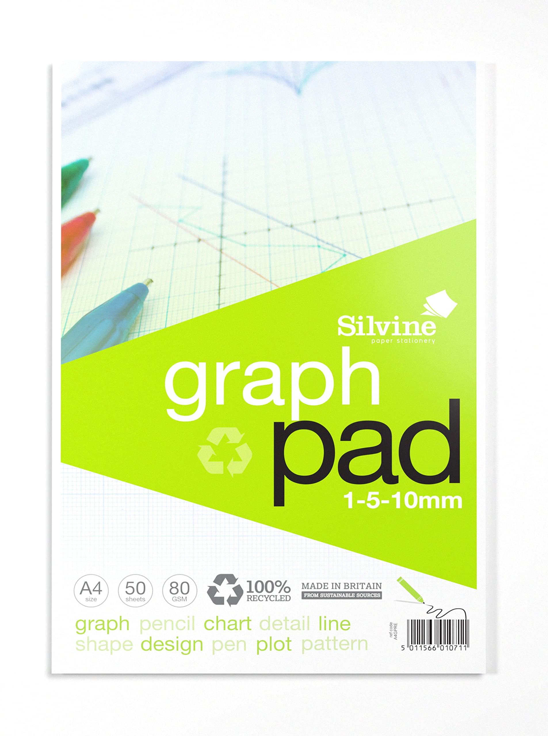 Silvine A4 100% Recycled Graph Paper Pad - Printed 1-5-10mm Graph (50 Sheets)