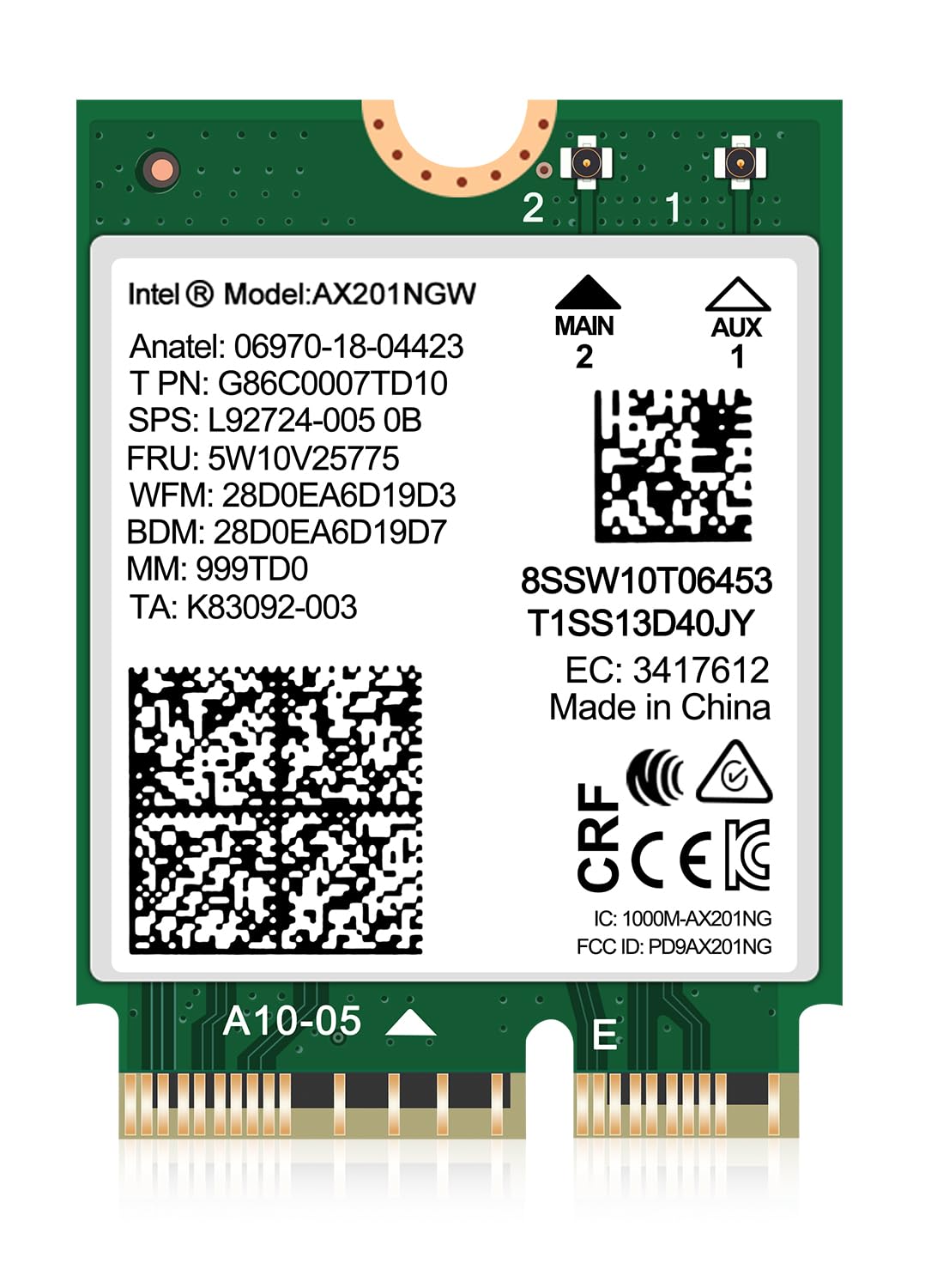 WiFi 6 Wireless Card Intel AX201 NGW. Only Support CNVio2 Protocol and Intel 10/11/12/13th Generation CPU, Bluetooth 5.2, 2400Mbps, Network Adapter for Laptop Support Windows 10/11 (64bit),Linux.