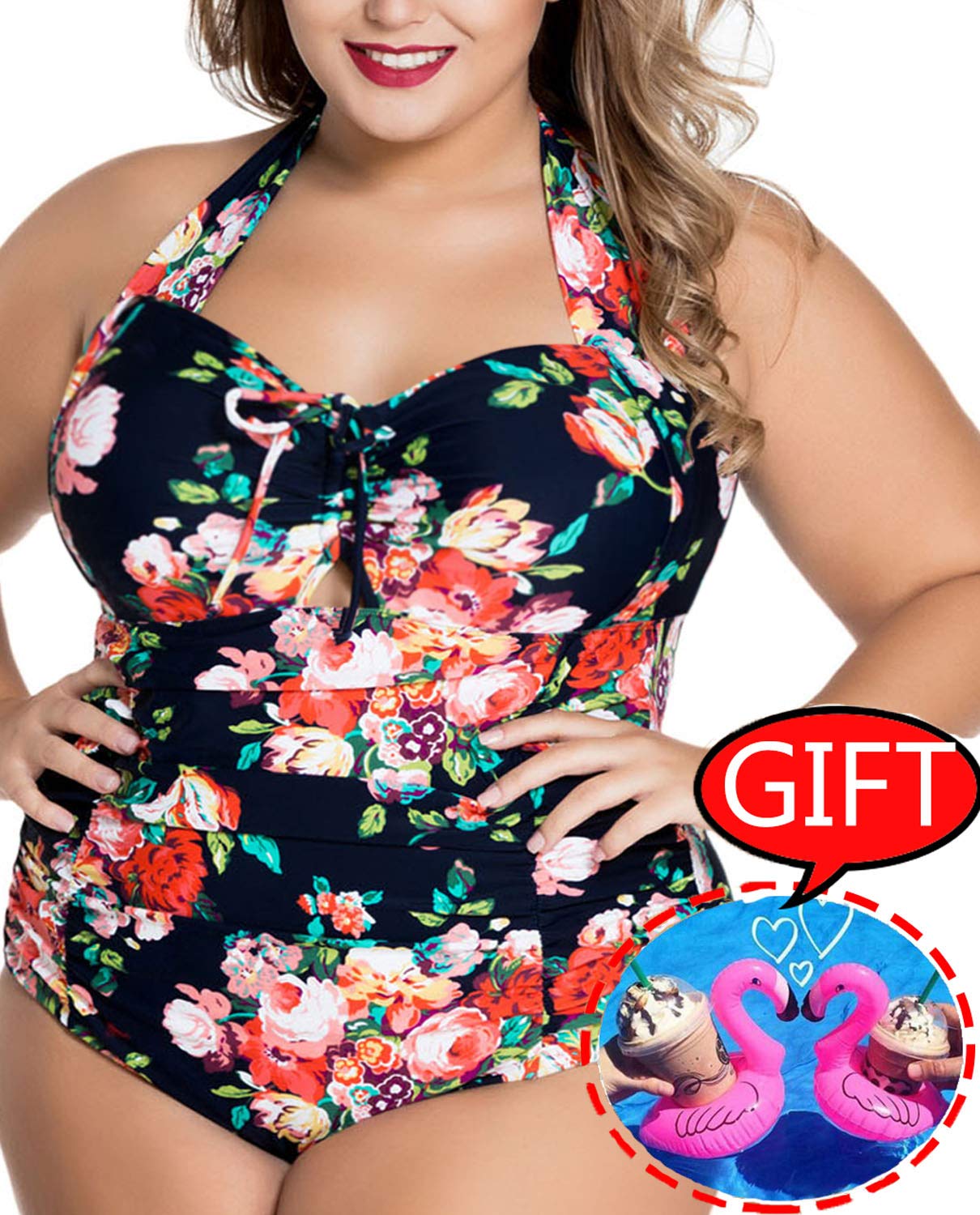 Womens Plus Size Swimsuits One Piece Tummy Control Monokini Halter Floral Printed Vintage Bathing Suit