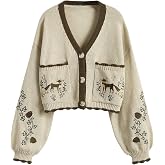 BEAUDRM Women's Fall Cropped Cardigans Cottage Core Button Up Boho Sweater | Floral Fox Embroidered, Cute Button Down Sweaters, Whimsical Clothes, Christmas Cardigans