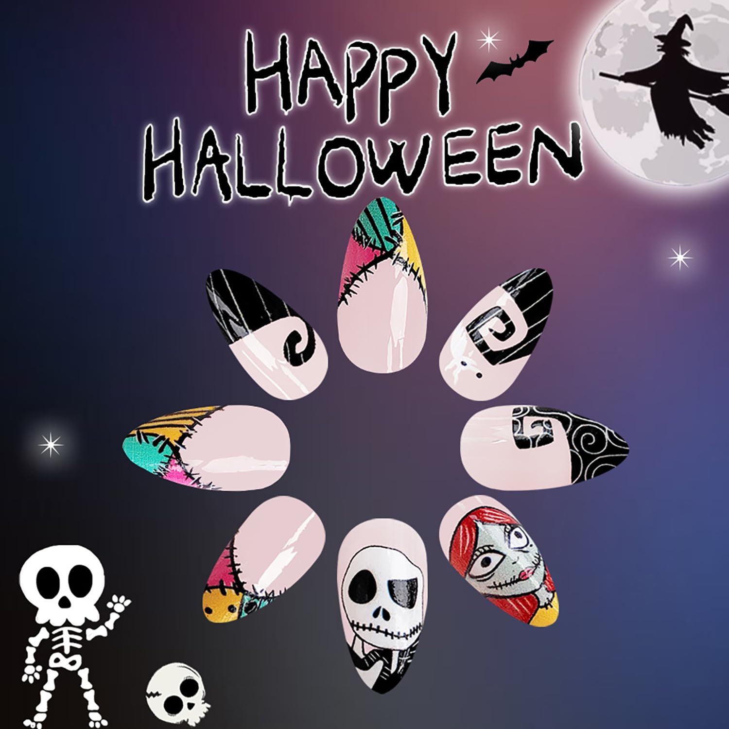 24 Pcs Halloween Press on Nails Short Almond Fake Nails Nightmare Before Christmas Acrylic Nails with Black White Skull Designs Glossy False Nails Stick on Nails for Women Girls - Image 4