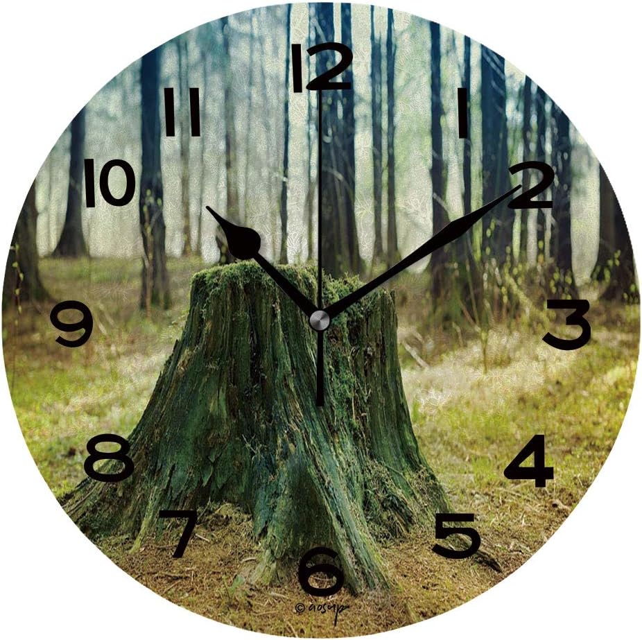 ALUONI Round Wall Clock Old Tree Stump Covered with Moss in