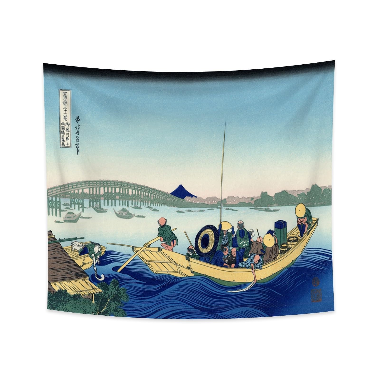 YONGFOTO 180x160cm Ukiyo-e Tapestry Mount Fuji 36 Views Room Wall Hanging Sunset Across the Bridge from The River Bank Landscape Wall Art Japanese Traditional Painting Toyo Style Tapestries