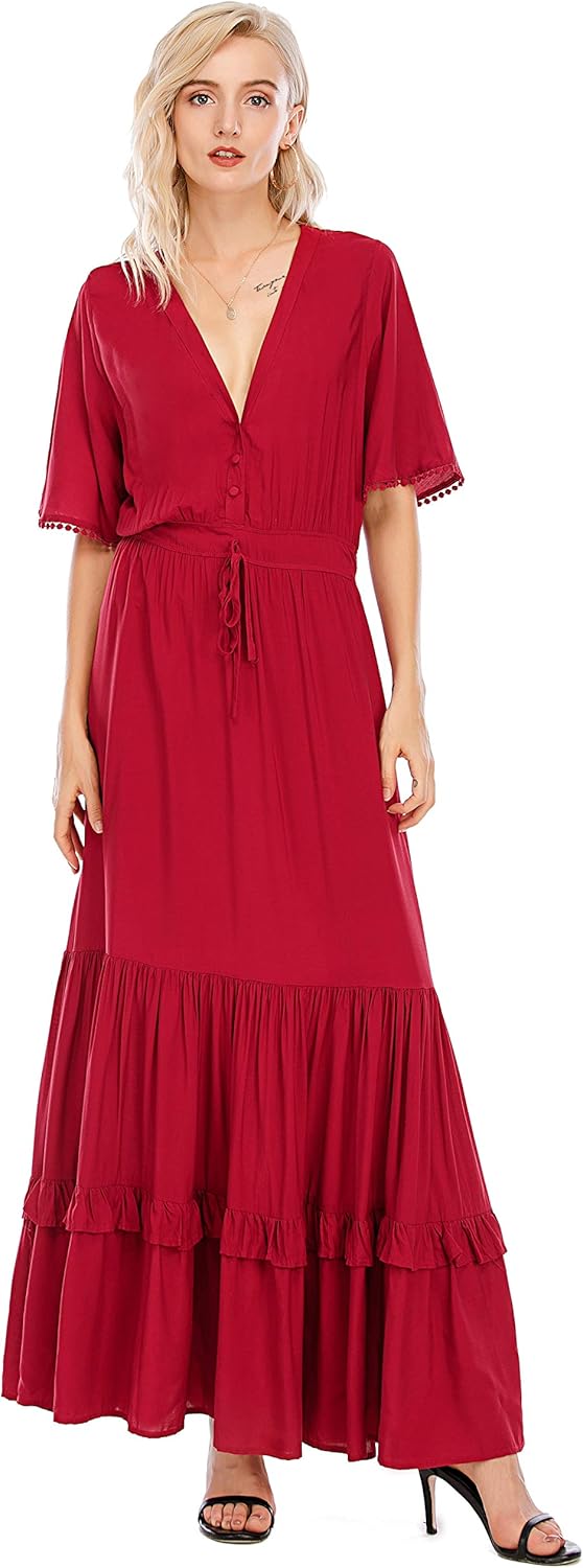 R.Vivimos Womens Summer Cotton Short Sleeve V Neck Floral Print Casual Bohemian Midi Dresses: Clothing