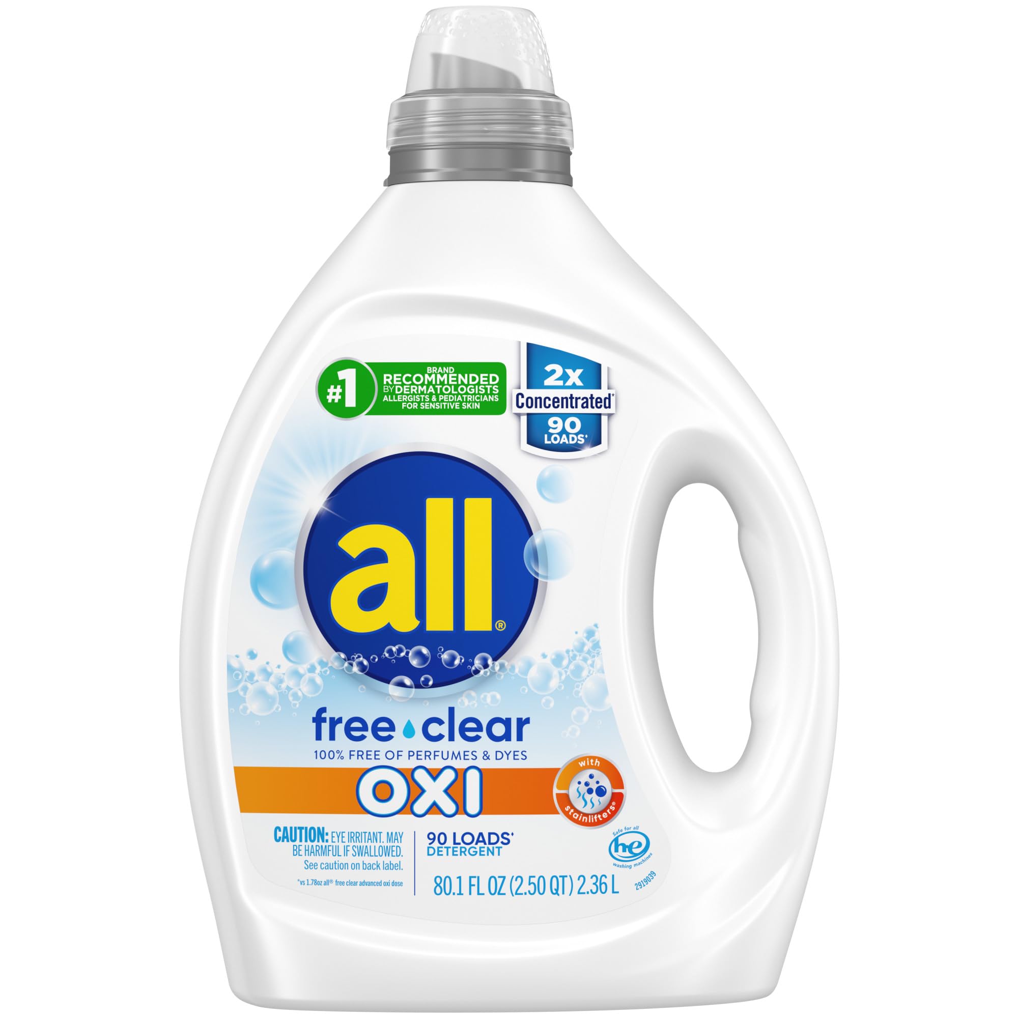 Photo 1 of all Liquid Laundry Detergent, Free Clear for Sensitive Skin with OXI, Unscented and Hypoallergenic, 2X Concentrated, 90 Loads