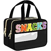 Chenille Letter Clear Makeup Bag, Preppy Clear Snack Bags with Zipper, Stuff Bag Waterproof Sunscreen Bag Travel Toiletry Bag Cosmetic Pouch for Women and Girls (Snacks, Plus Size)