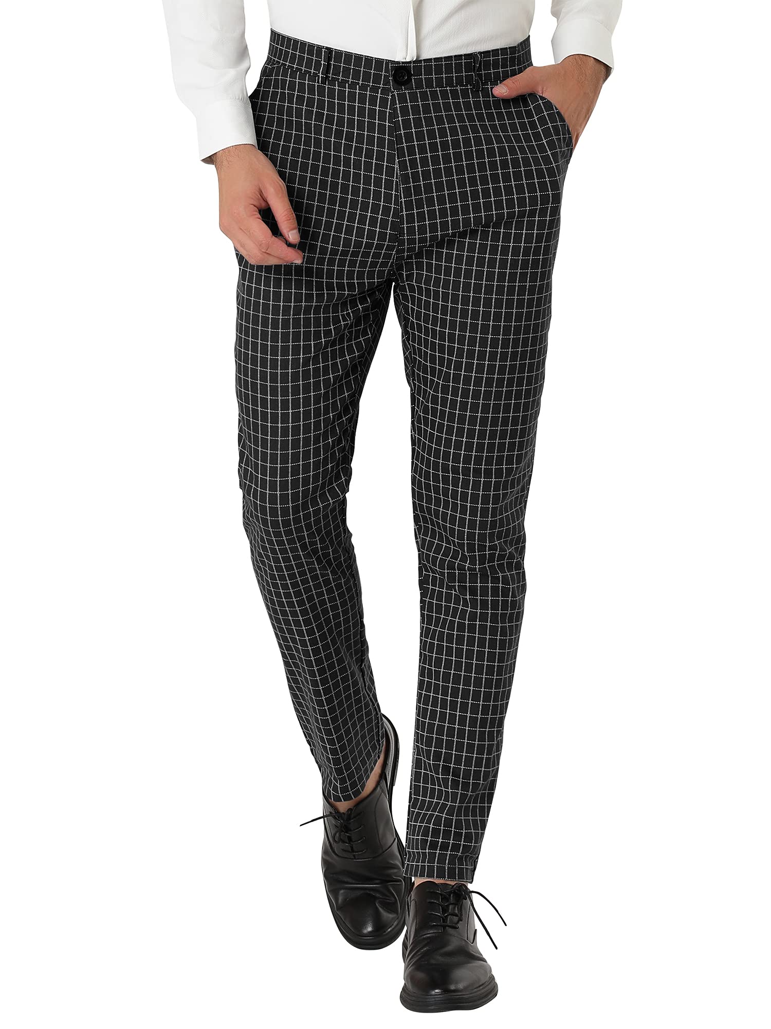 Photo 1 of Lars Amadeus Men's Business Pants Checked Printed Slim Fit Flat Front Black White Plaid Dress Trousers 36
