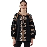 TUREAU Womens Embroidered Shirt Long Sleeve Peasant Blouse Lantern Sleeve Boho Tops V Neck Loose Lightweight Casual Tunic