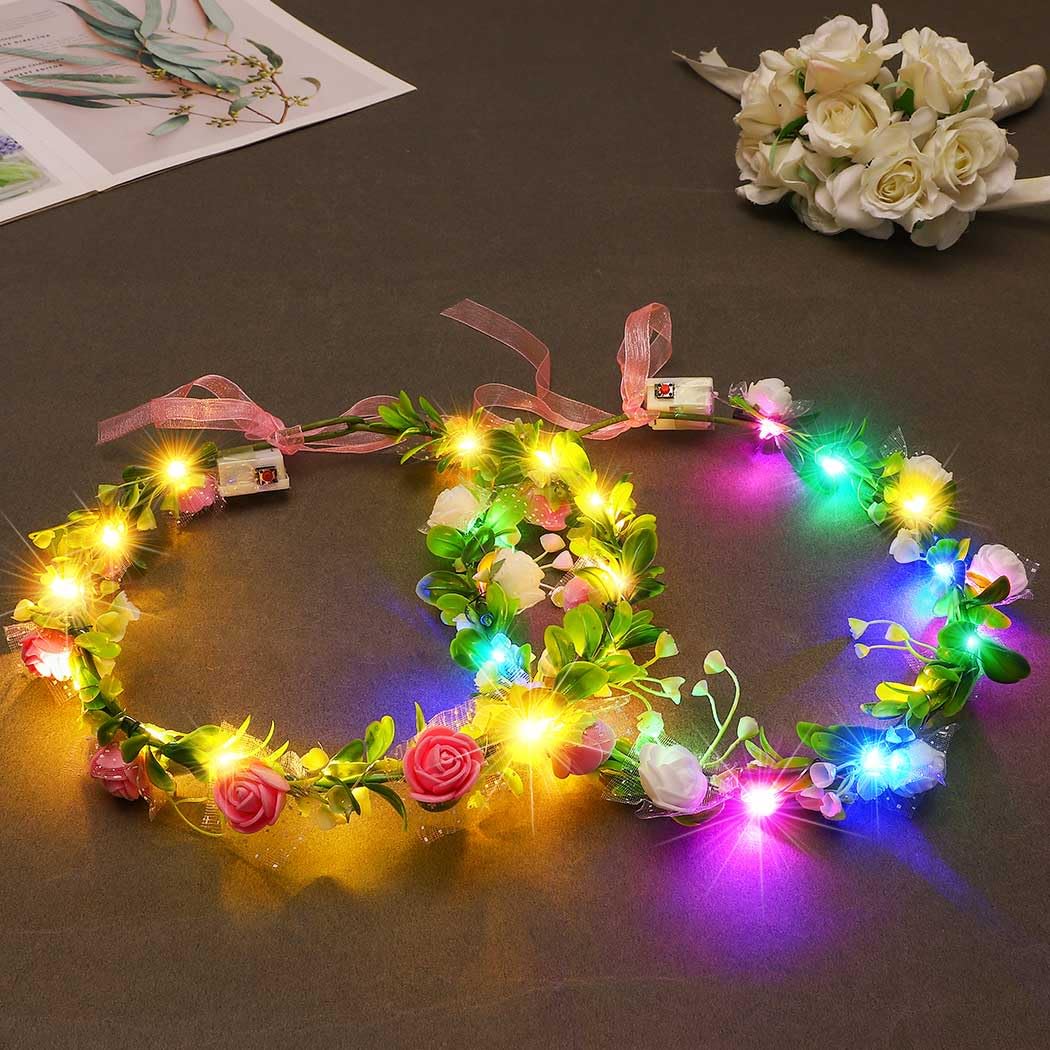 Vakkery LED Flower Crown Headband Light Up Flower Garland Headbands Floral Wreath Headdress Halloween Christmas Festival Hair Accessories for Women and Girls (Pack of 2)