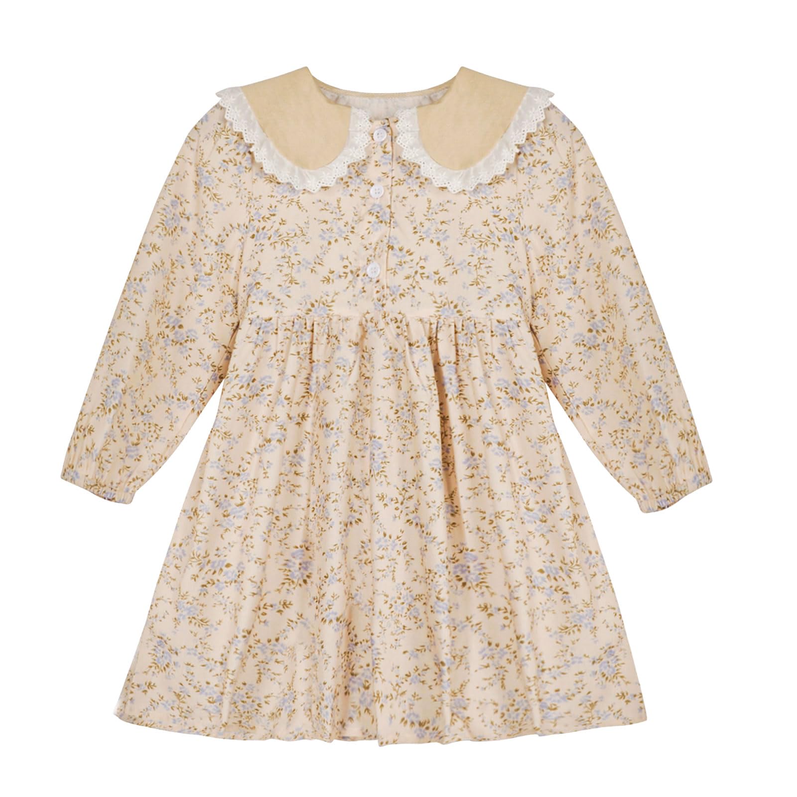 Photo 1 of Balatale Toddler Girls Dress Long Sleeve Floral Dress for Little Girls Fall Winter Vintage Toddler Dress 2-9T Light Khaki