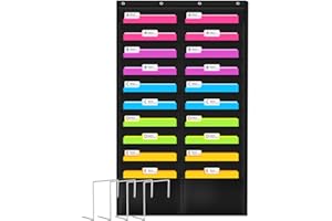 Godery Folder Pocket Chart (Black), Cascading Wall Organizer for School, Classroom, Home or Office Use, 20 Pocket Chart Hanging Wall Organizer with 4 Hangers