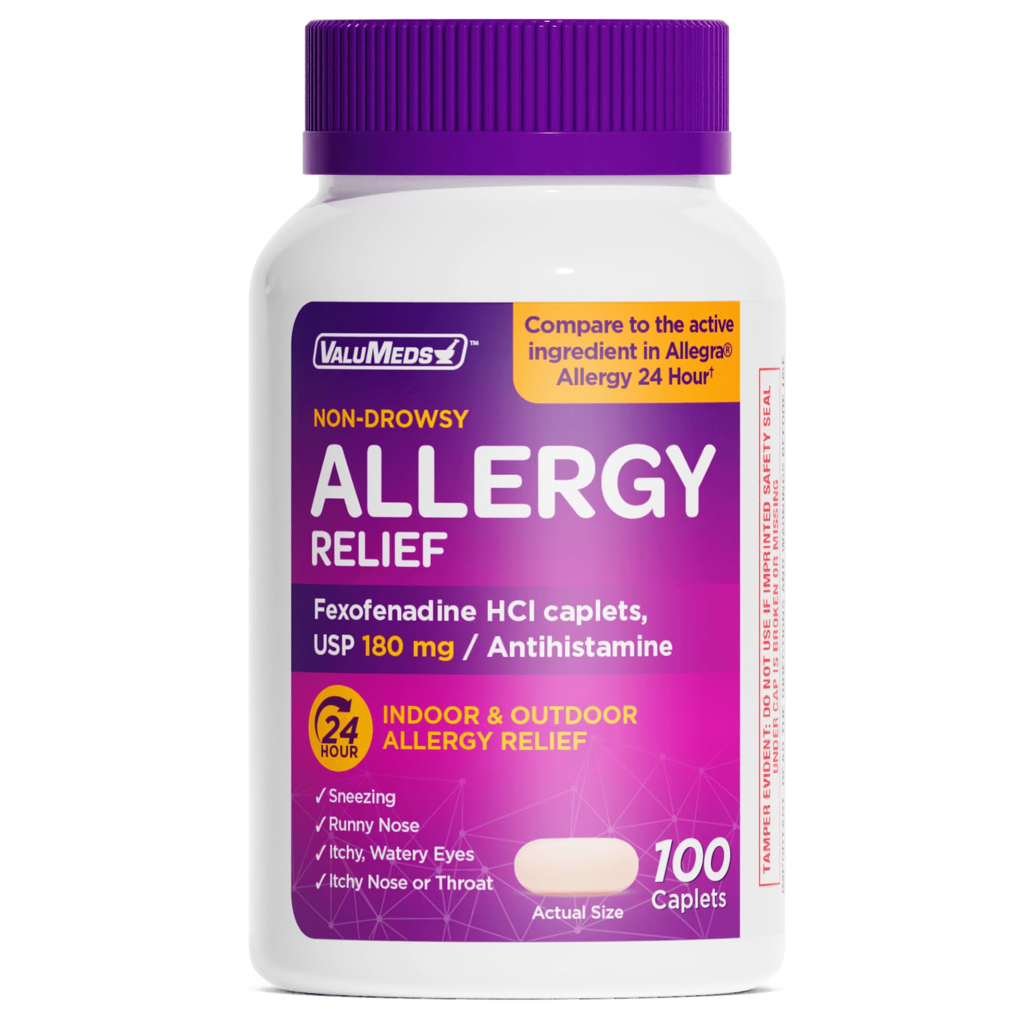 ValuMeds Fexofenadine HCl 180mg | Compare to Allegra | 24-Hour Allergy Relief, Non-Drowsy Antihistamine Generic Medicine for Allergies, Hay Fever, Itchy Eyes | for Kids & Adults (100-Count)