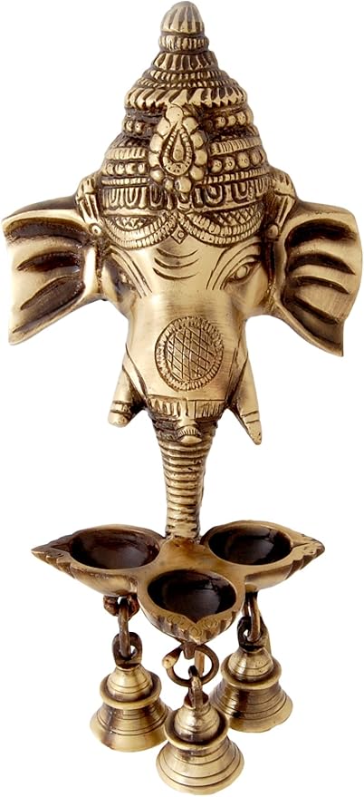 Two Moustaches Brass Ganesha Wall Hanging Deepak With Bells