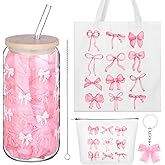 4Pcs Coquette Aesthetic Pink Bows Gifts Set Reusable 16oz Bow Glass Cup with Lid & Straw, Canvas Tote Bag Cosmetic Bag Keychain Coquette Stuff Bow Birthday Gifts for Women Girls Friends Sister