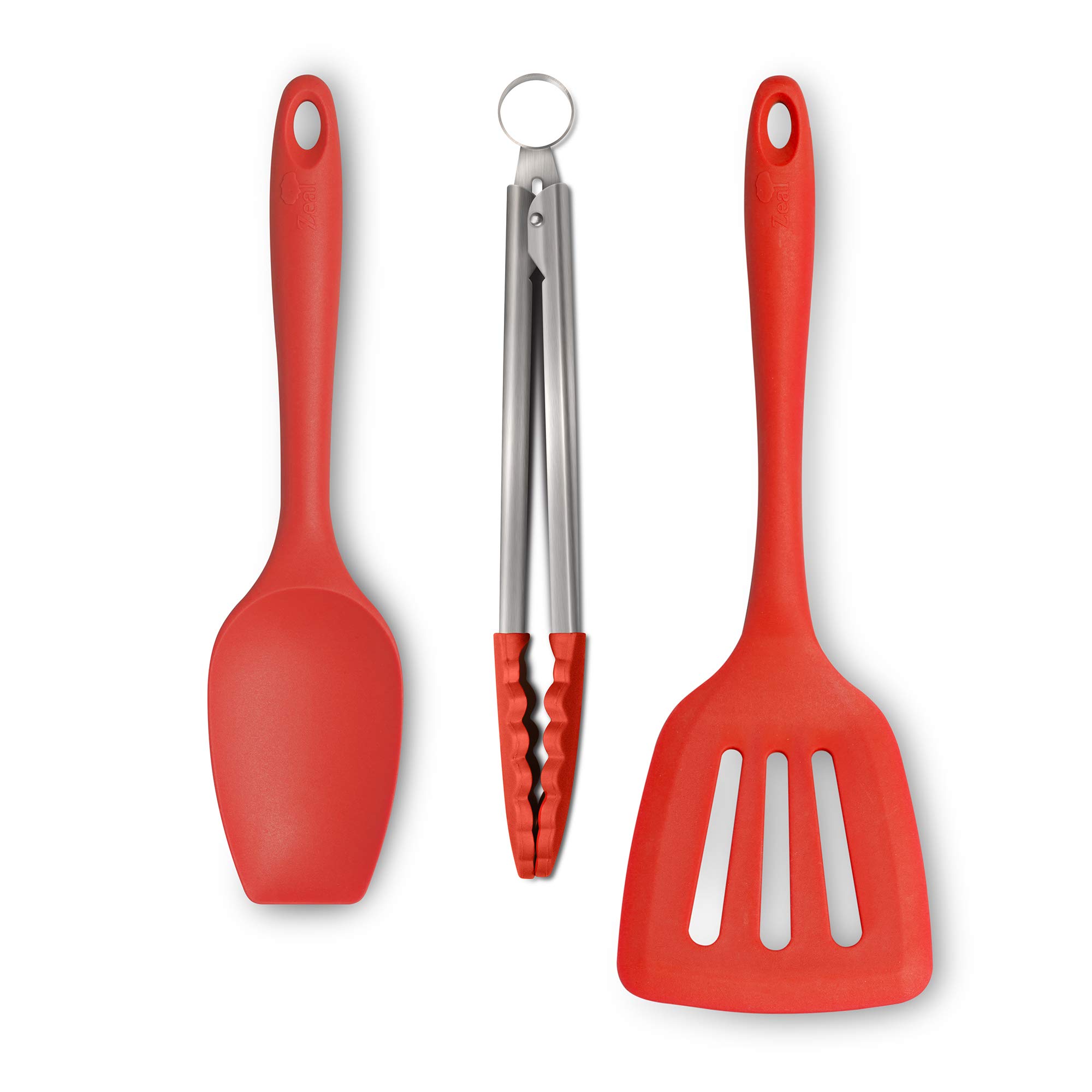 Zeal JSET27R Non-Stick Silicone Spatula Spoon, Cooking Tongs & Turner 3-Piece Set-Red, Large