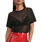 MakeMeChic Women's Sparkly Tops Mesh Sheer Short Sleeve Concert Outfits Sequin See Through Black T Shirts Blouse