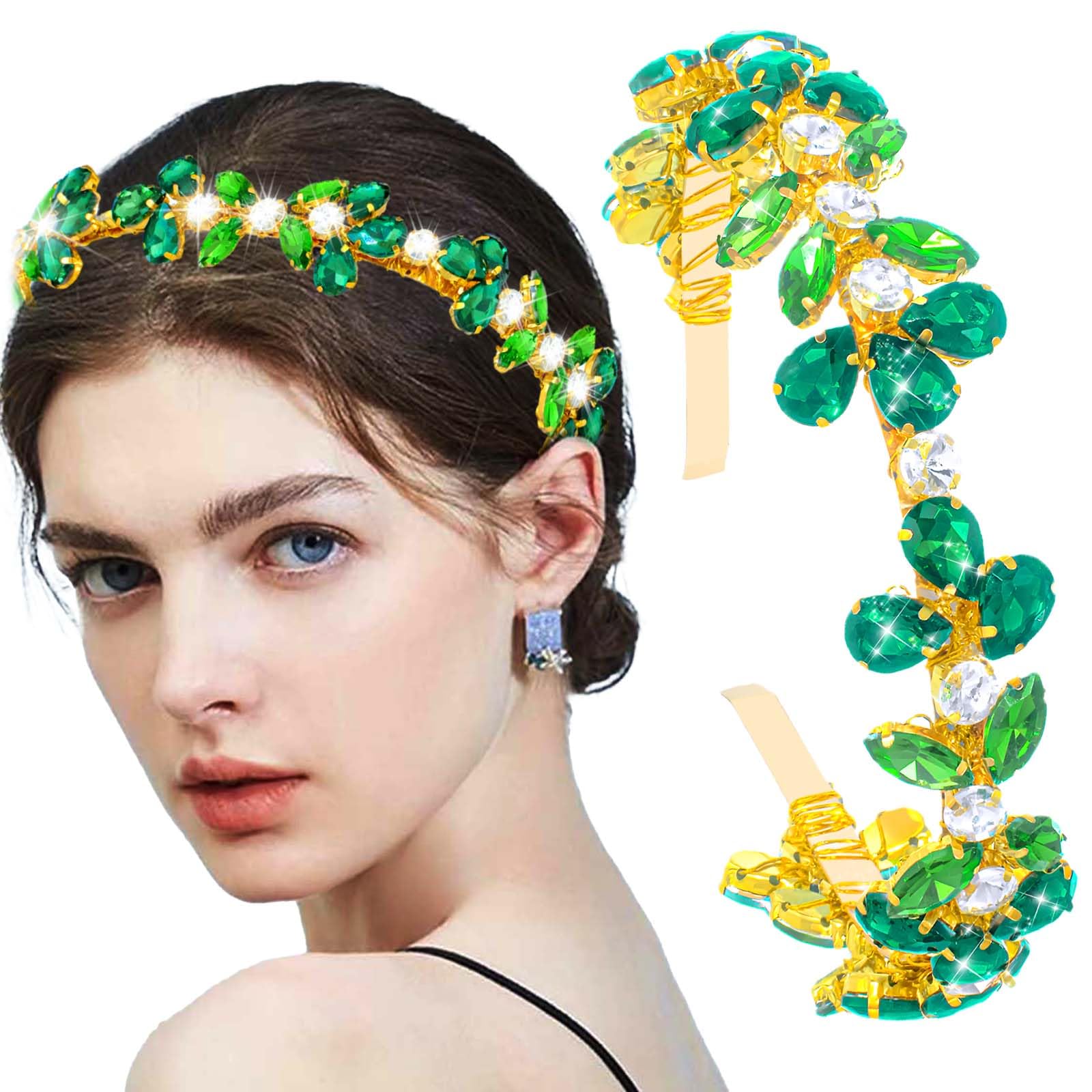 Flayem Rhinestone Headband Green Sparkling Crystal Hair Accessory for Women