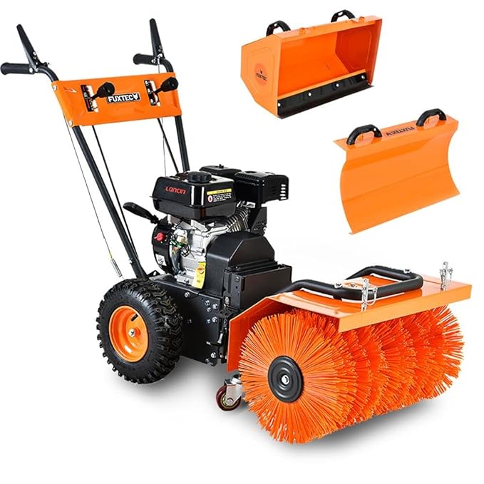 FUXTEC Benzin Kehrmaschine FX-KM196 mit Kehrbesen und 196cc Hubraum inklusive Schneeschieber und Kehrgutsammelbehälter/Auffan